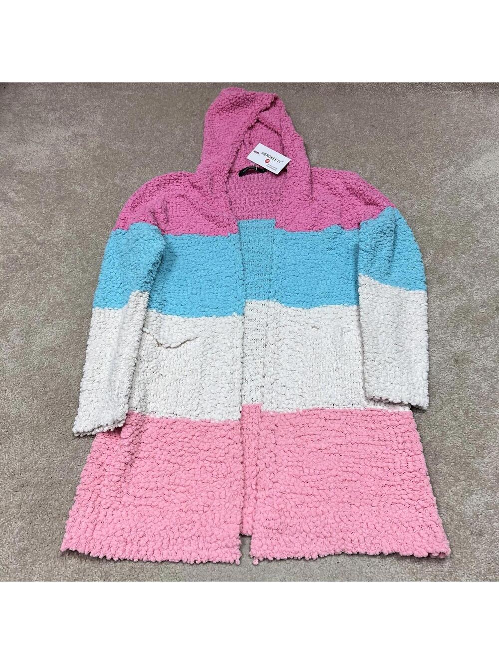 Merokeety Cardigan Women’s Multicolored Striped Long Sleeve Hooded Medium NWT